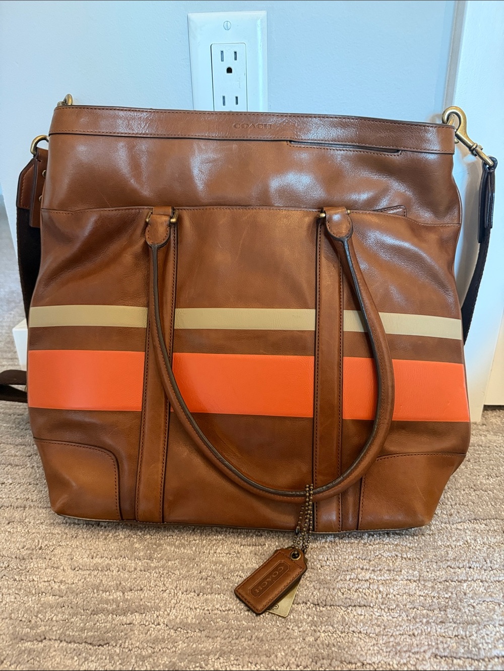 Coach Brown Leather Tote with Orange and Cream Stripes